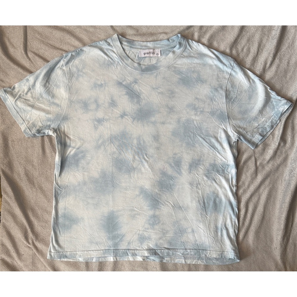 Graffiti Tie Dye T-Shirt Women Medium Blue White Cloud Wash
